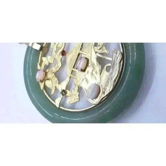 Vintage Jade Aventurine Eternity Circle Pendant Gold Filled Opal Rhinestone - Picture 3 of 9